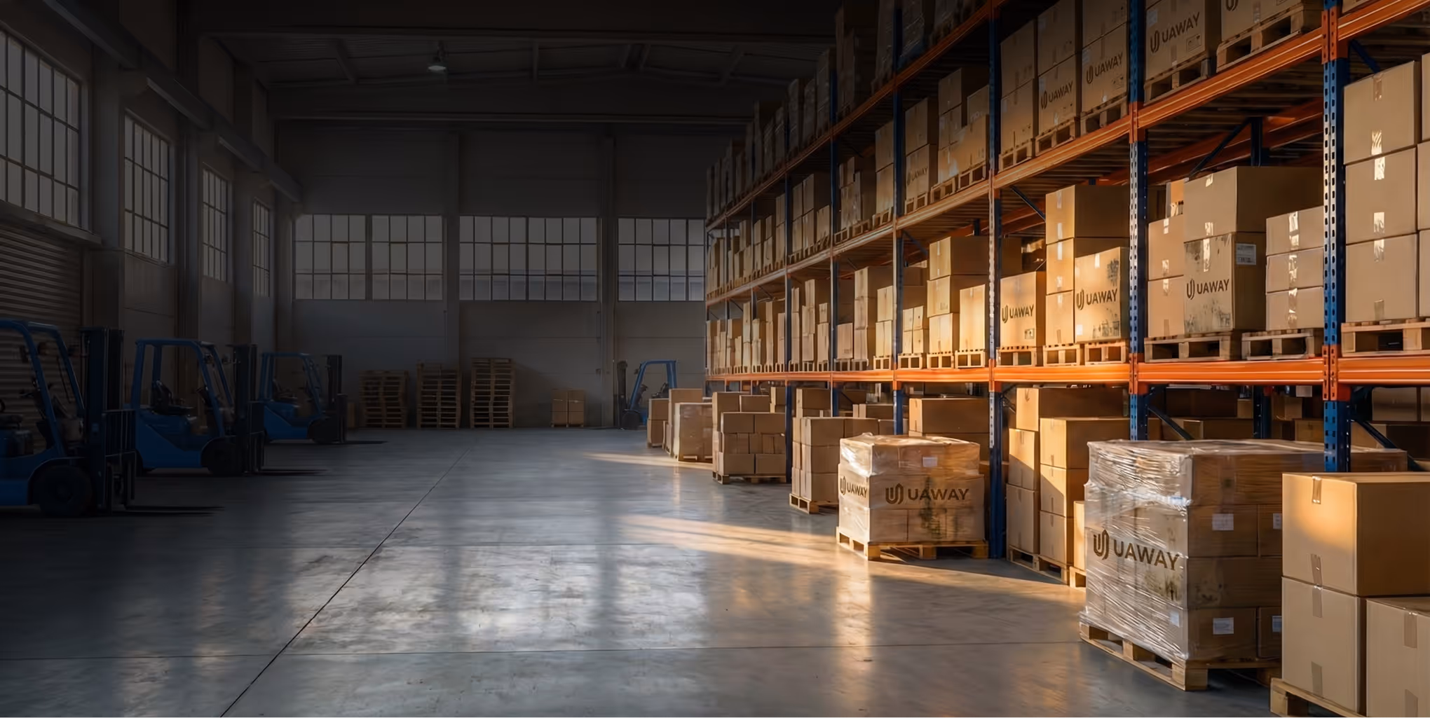 Складські приміщення UAWAY Logistics у Китаї з палетами та автонавантажувачами